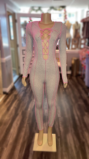 Grey/Pink Reverse Stitch Jumpsuit