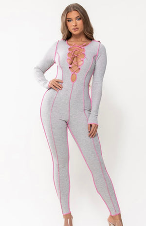 Grey/Pink Reverse Stitch Jumpsuit